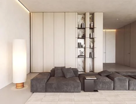 Gray modular sofa and standing lamp in japandi contemporary living room interior Ilustração Stock