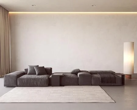 Gray modular sofa and standing lamp in minimalism living room interior with Stock-Illustration