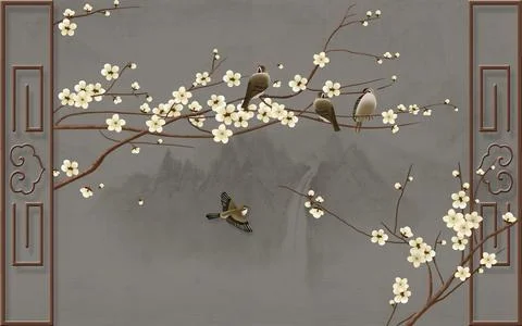 Gray monochrome landscape, brown frames, beige flowers on branches Stock Illustration