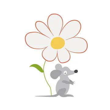 Gray mouse and chamomile. White daisy flower with a yellow center. Stock Illustration