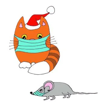 Gray mouse and ginger cat wearing medical masks and christmas cap, graphic co Illustrazione stock
