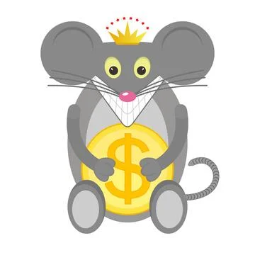 A gray mouse with a crown on its head holds a big gold coin in its paws Stock Illustration