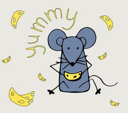 Gray Mouse sits and eats Cheese. Emotional baby illustration in color doodle  Stock Illustration
