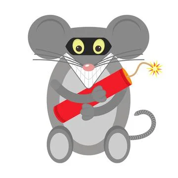 The gray mouse is a terrorist, bandit and robber in a black mask with dynamite. Stock Illustration