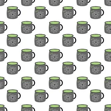 Gray Mugs with Witch Green Potion and Bubbles with spider and cobweb on Front Stock Illustration