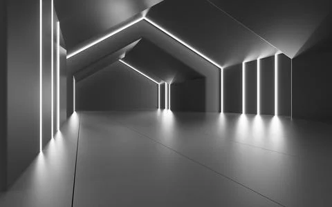 Gray neon tunnel turn the corner, 3d rendering. Ilustración de archivo
