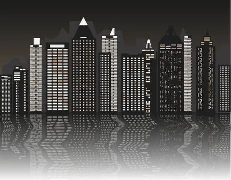 Gray night city with reflection vector illustration. Stock Illustration