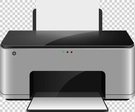 A gray office printer with paper sticking out, indicating it is ready to pr.. Stock Illustration