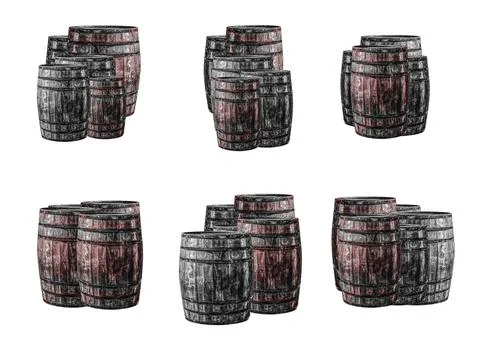 Gray old barrels set winemaking and aging whiskey on an isolated background Stock Photos
