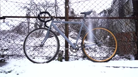Gray old bicycle in the yard in winter Vidéo 229278804
