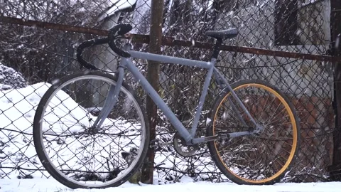 Gray old bicycle in the yard in winter Vidéo 229278817