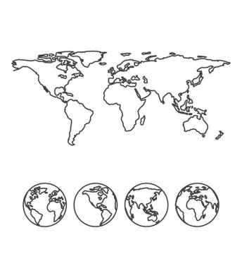Gray outline map of the world with globe icons Stock Illustration