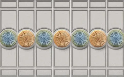 Gray panel with vertical wooden frames, blue and orange wooden circles Stock Illustration