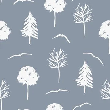 Gray pattern with white seagulls and taiga trees Illustrazione stock