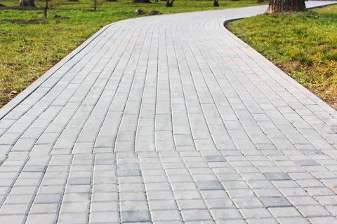 Gray paving slabs, paved path, among greenery in a shady park. Shallow depth of Stock Photos