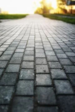 Gray paving stone path goes away the prospect in sunset Stock Photos