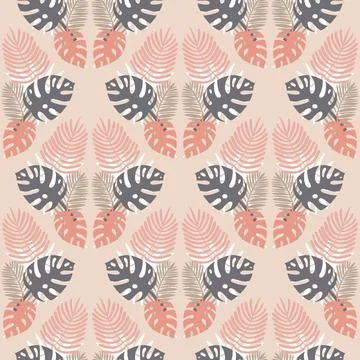 Gray pink monstera leaf, tropical seamless pattern with palm leaves and jungl Stock Illustration