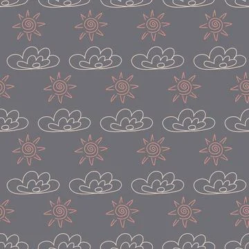 Gray pink seamless pattern for textile design, suns cloud art background for  Stock Illustration