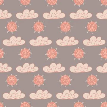 Gray pink seamless pattern for textile design, suns cloud art background illu Stock Illustration