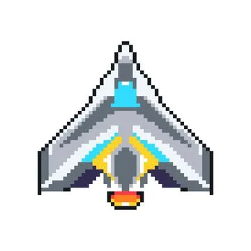 Gray Pixel Spacecraft with Blue Canopy and Orange Flame Vector Stock Illustration