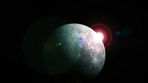 A gray planet in deep space with a bright light flare behind it and a dark .. Видео 340383434