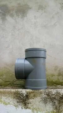Gray plastic pipe fitting on concrete wall background Stock Photos