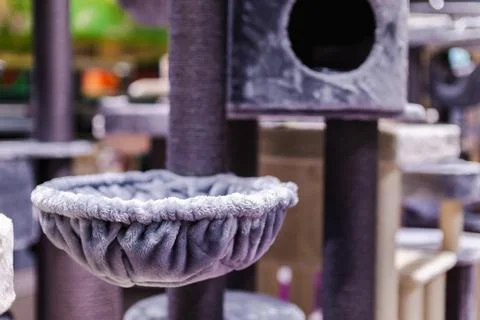 Gray Plush Cat Hammock on Multi-Level Cat Tree Stock Photos