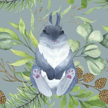 Gray rabbit and wild grasses. Bouquet of wild plants. Stock Illustration