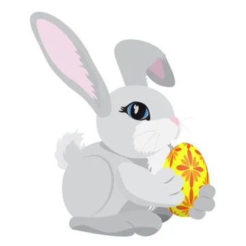 The gray rabbit holding a yellow and red colored Easter egg isolated on white. Stock Illustration