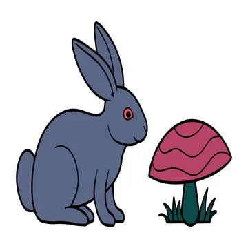 Gray rabbit sitting next to pink mushroom vector illustration Stock Illustration