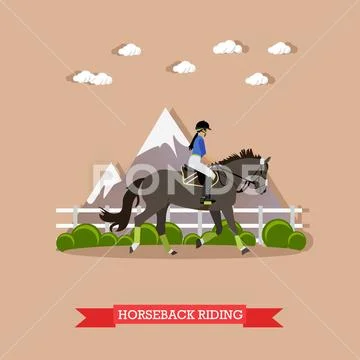 Gray race horse and lady jockey, Horseback riding concept, vector Stock Illustration