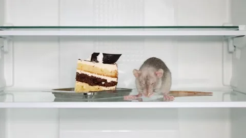 A gray rat sits on the shelf of an open refrigerator next to the cake. Stock Footage 263188741