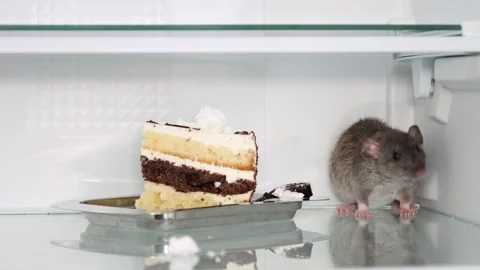 A gray rat sits on the shelf of an open refrigerator next to the cake Stock Footage 263190114