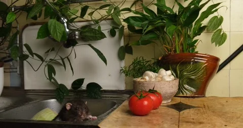 Gray rat sniffs the vegetables. Stock Footage 261832768