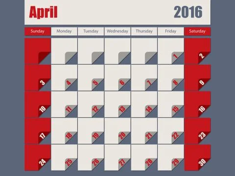Gray Red colored 2016 april calendar Illustrazione stock