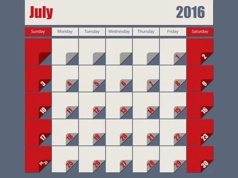 Gray Red colored 2016 july calendar Stock Illustration