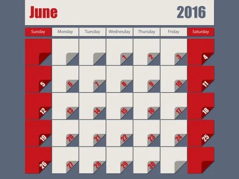 Gray Red colored 2016 june calendar Stock Illustration