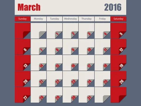 Gray Red colored 2016 march calendar Stock Illustration