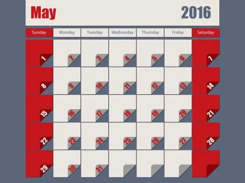 Gray Red colored 2016 may calendar Stock Illustration