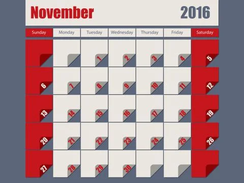 Gray Red colored 2016 november calendar Illustrazione stock