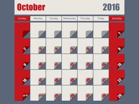 Gray Red colored 2016 october calendar Illustrazione stock