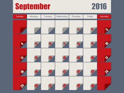 Gray Red colored 2016 september calendar Stock Illustration