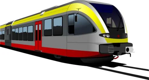 Gray-red-yellow modern speed bullet train. fast suburban, subway, metro, comm Stock Illustration