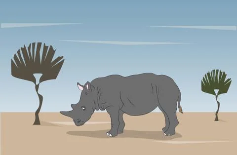 Gray rhino is standing in nature, vector Stock-Illustration