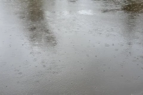 Gray river surface with ripple rings created by falling raindrops Stock Photos