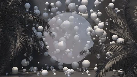 Gray room. Glass circle shape and white balls. 3d render. Illustrazione stock