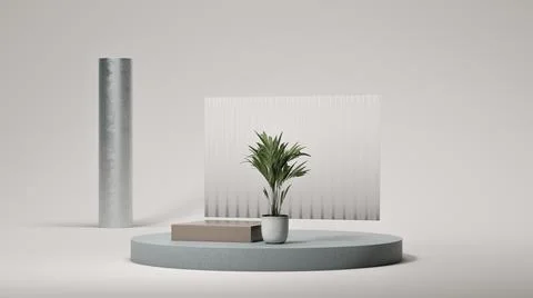 Gray round podium display on the bright background with small palm tree. Minimal Stock Illustration