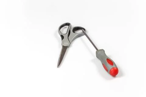 Gray scissors and red screwdriver Fotos de archivo