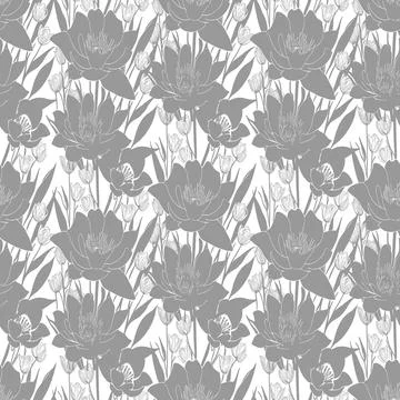 Gray seamless abstract pattern of large flowers on a black background, text.. Stock Illustration