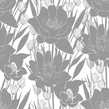 Gray seamless abstract pattern of large flowers on a black background, text.. Stock Illustration